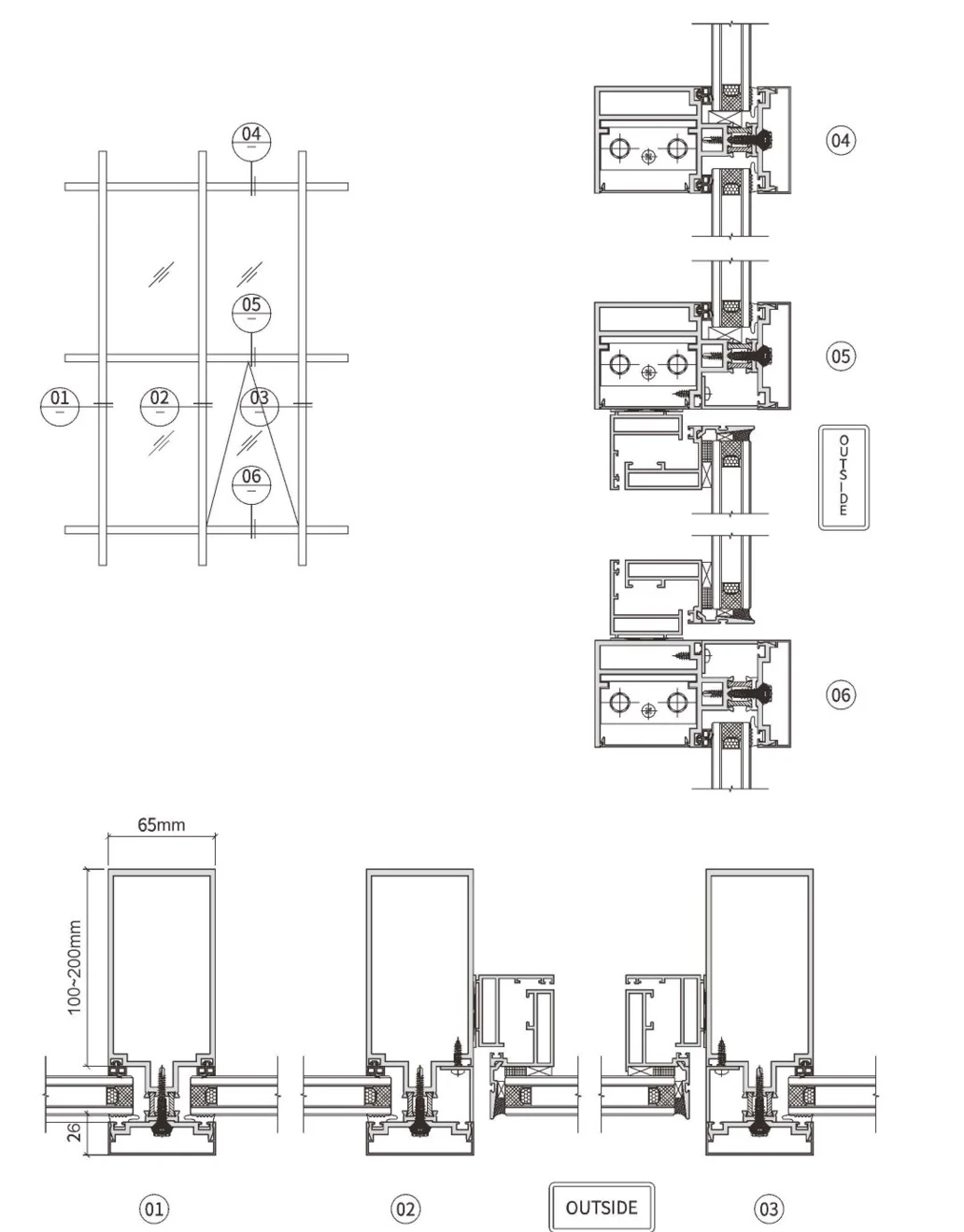 100–200×65 Thermal-Break Exposed-Frame Curtain Wall · Construction & sections