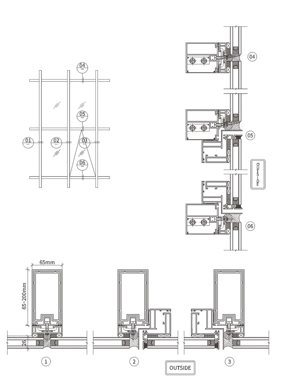 65–200×65 Concealed-Frame Curtain Wall · Construction & sections