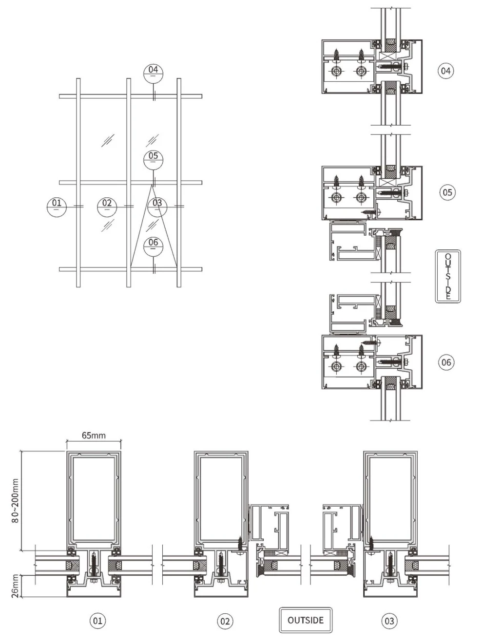 80–200×65 Exposed-Frame Curtain Wall · Construction & sections