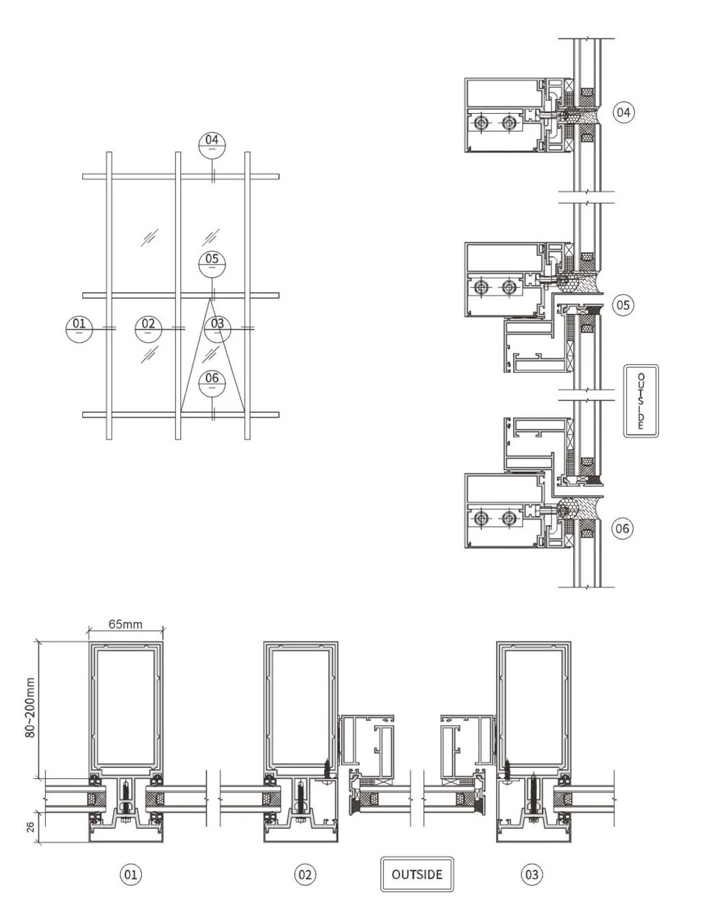 80–200×65 Semi-Concealed Curtain Wall · Construction & sections
