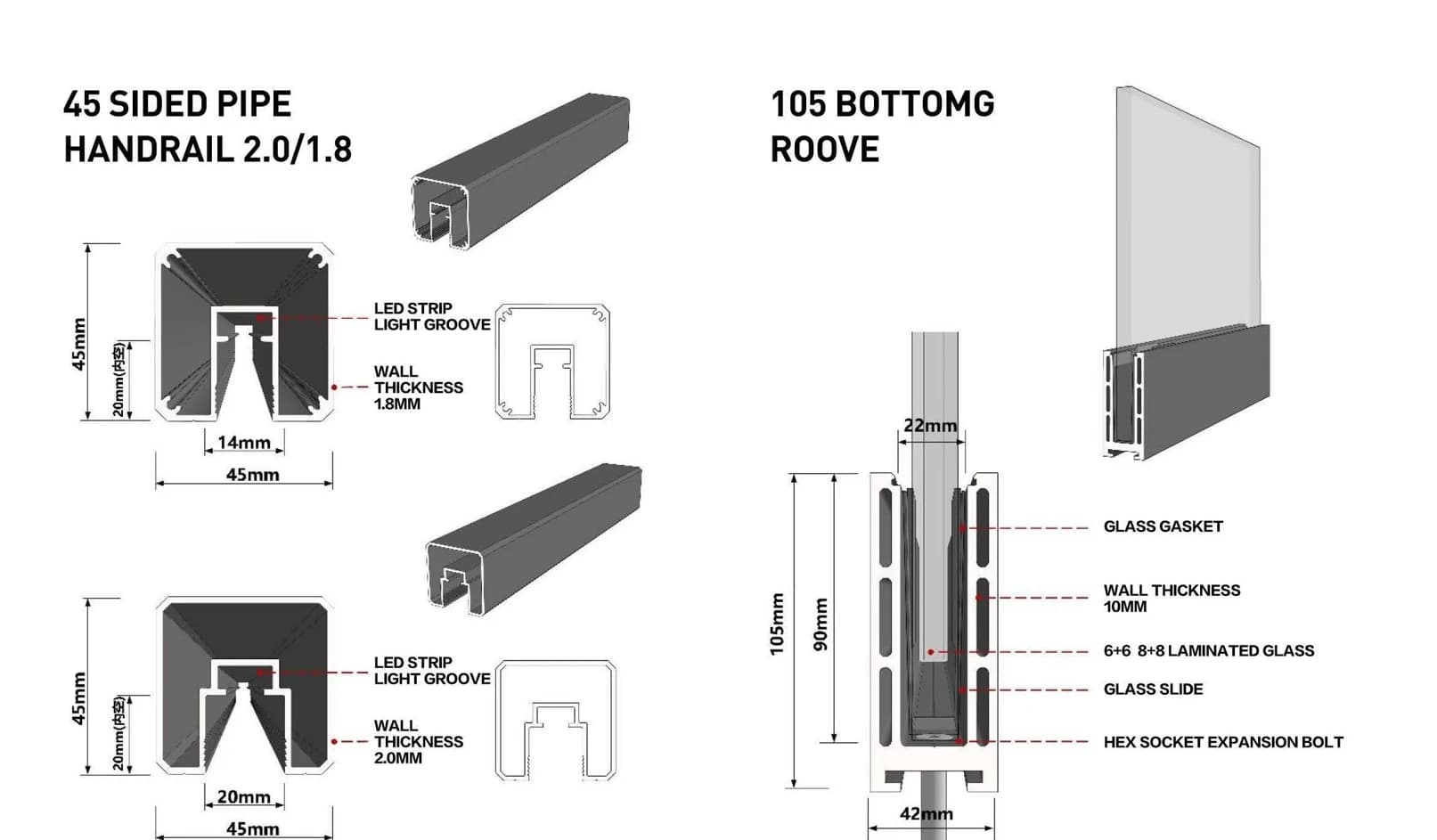 45 Handrail / 105 Base Shoe · Profile combination