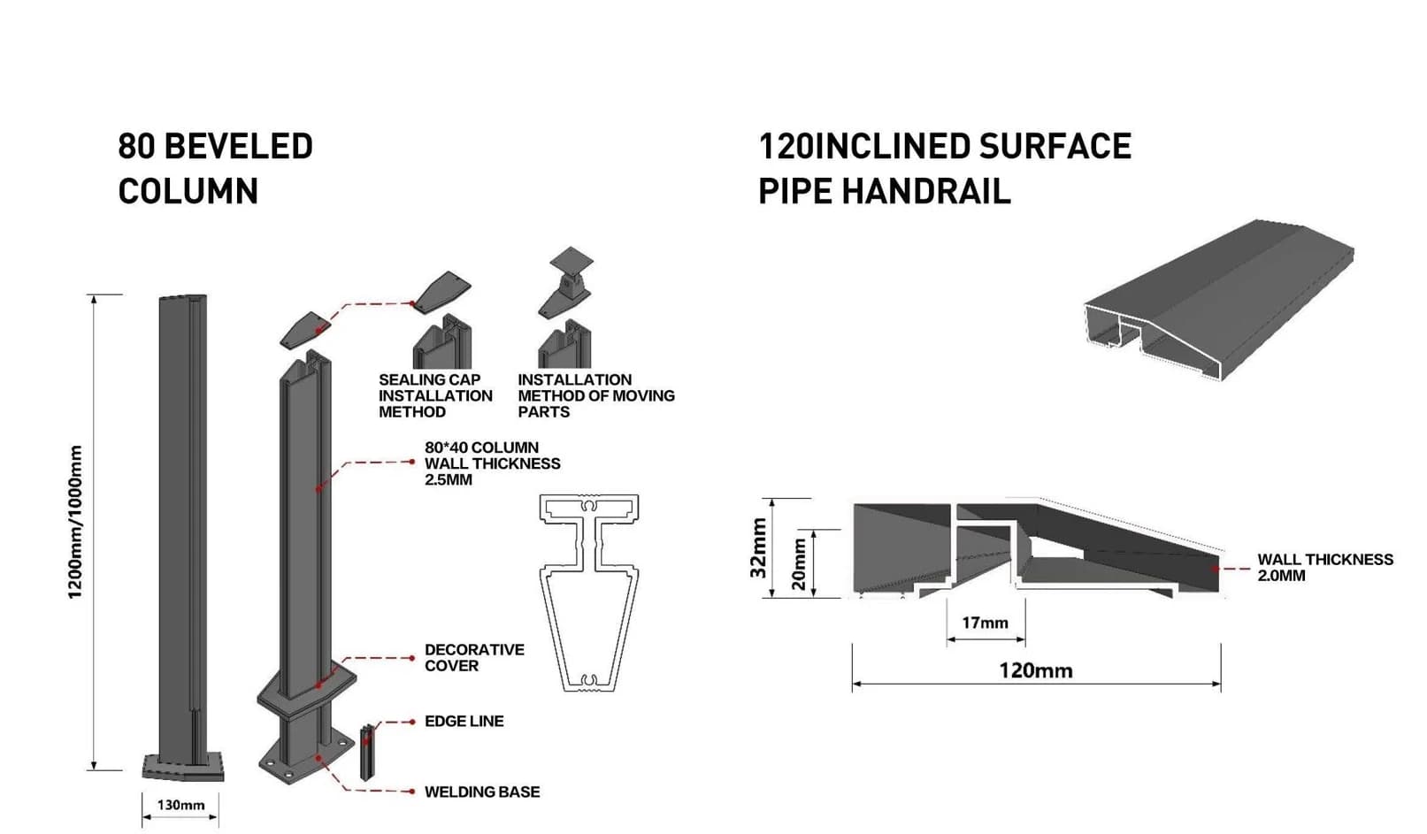 80 Bevelled Post / 120 Sloped Handrail · Profile combination