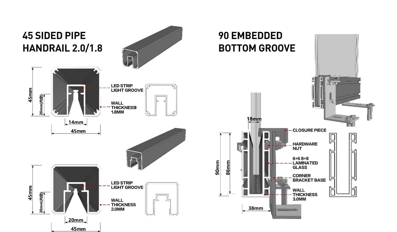45 Handrail / 90 Recessed Base-Shoe Stair Railing · Profile combination