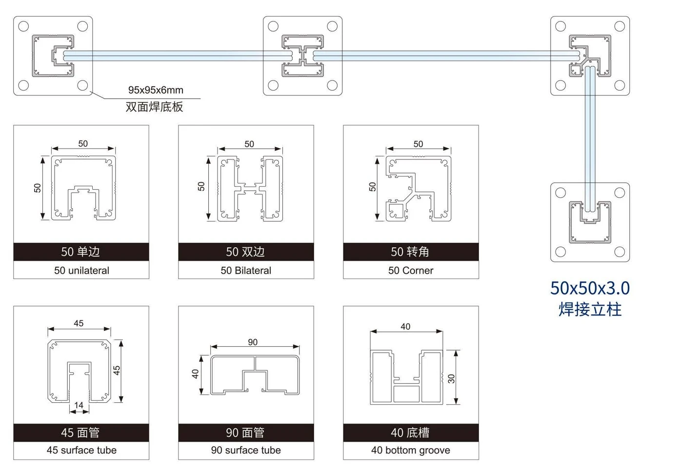 50 Post Glass Railing · Construction & accessory reference