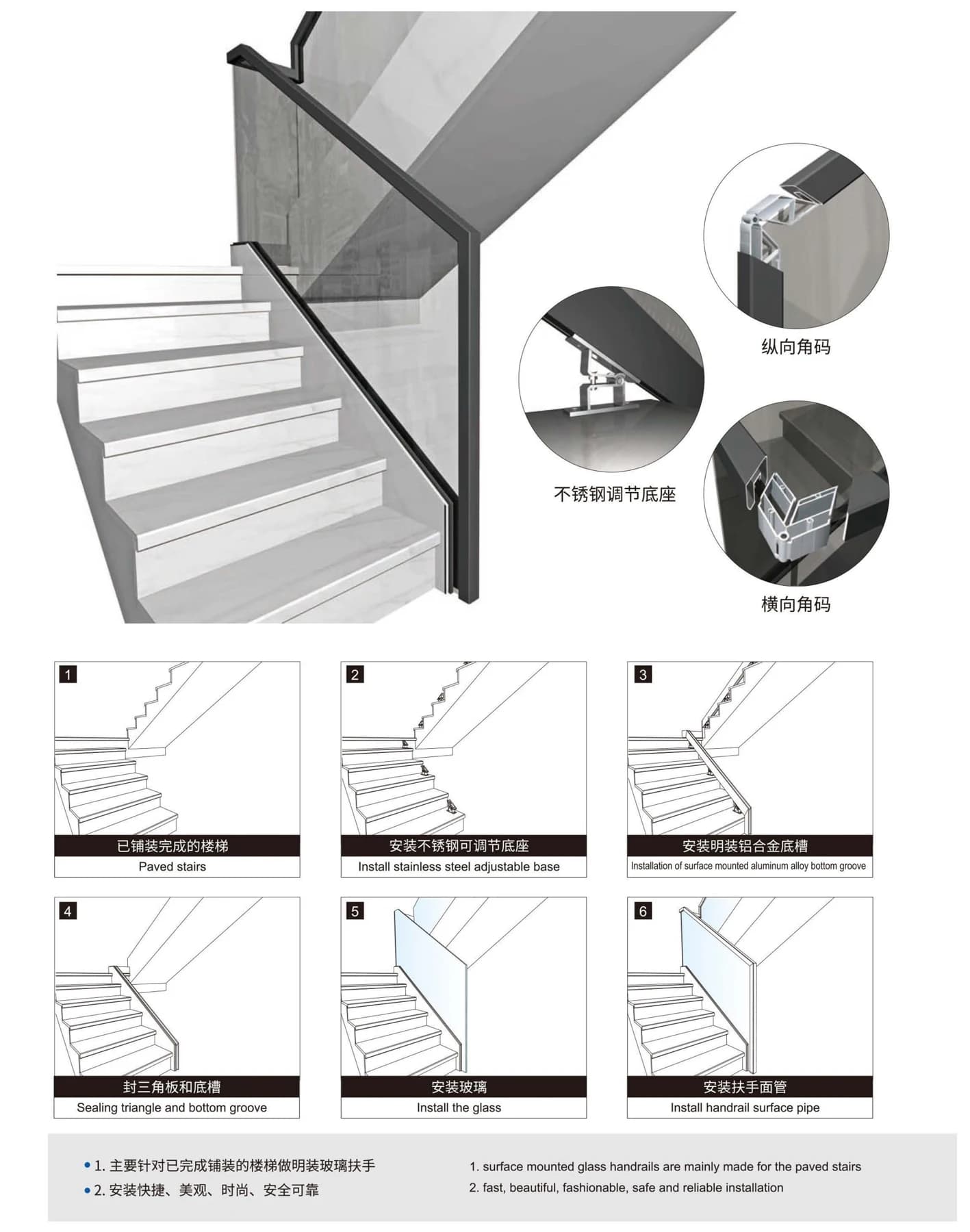 Stair Railings with Surface-Mounted or Recessed Aluminum Channels