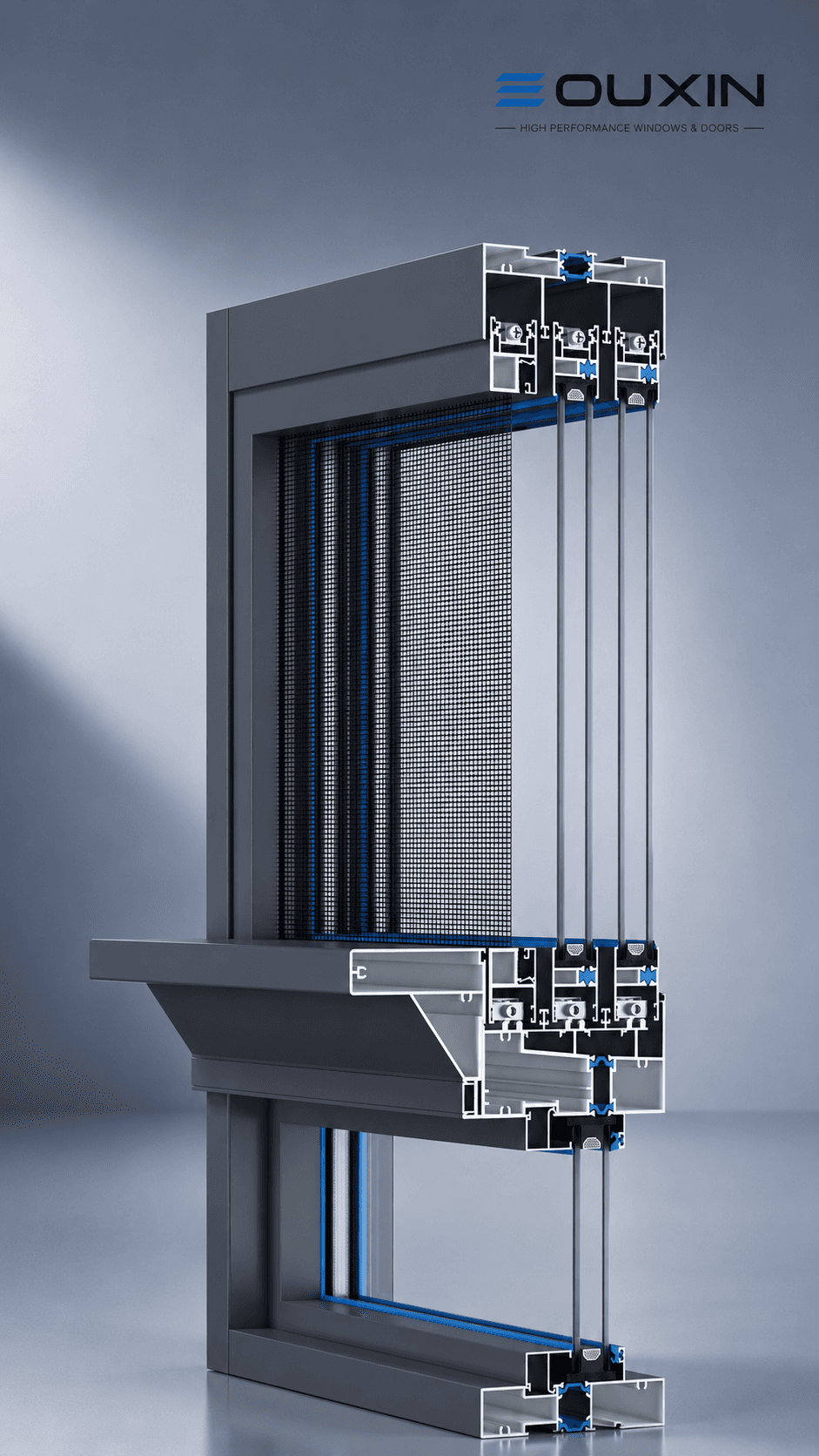 128 mm Six-Track Ultra-Slim Sliding Window System (2.0 mm Profile Wall)