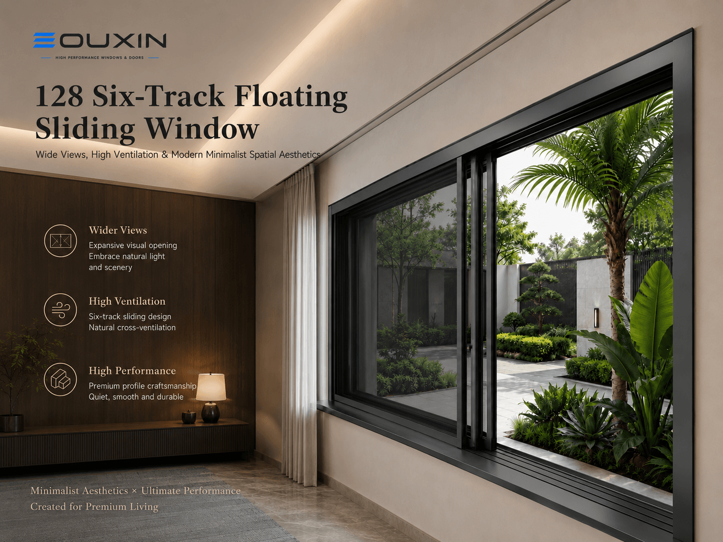 128 mm Six-Track Recessed Bottom-Track Sliding Window System (2.0 mm Profile Wall)