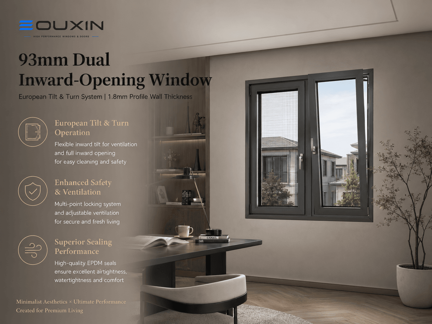 93 mm Dual Inward-Opening Thermal Break Window System (1.8 mm Profile Wall)