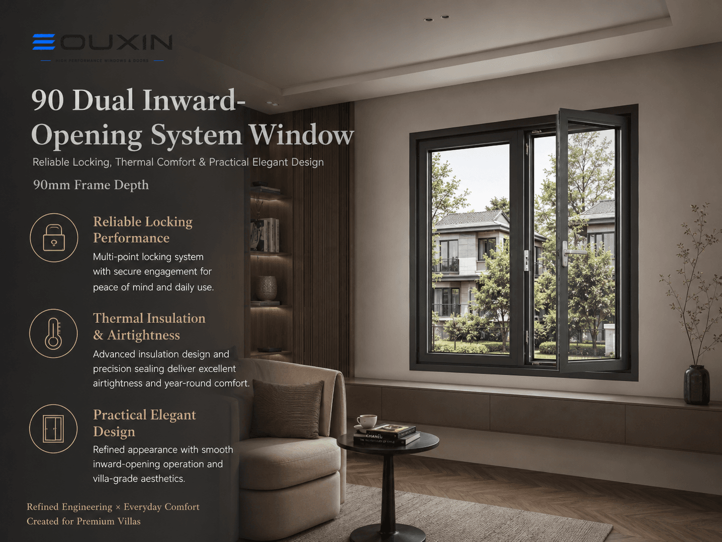 90 mm Dual Inward-Opening Thermal Break Window System (1.8 mm Profile Wall)